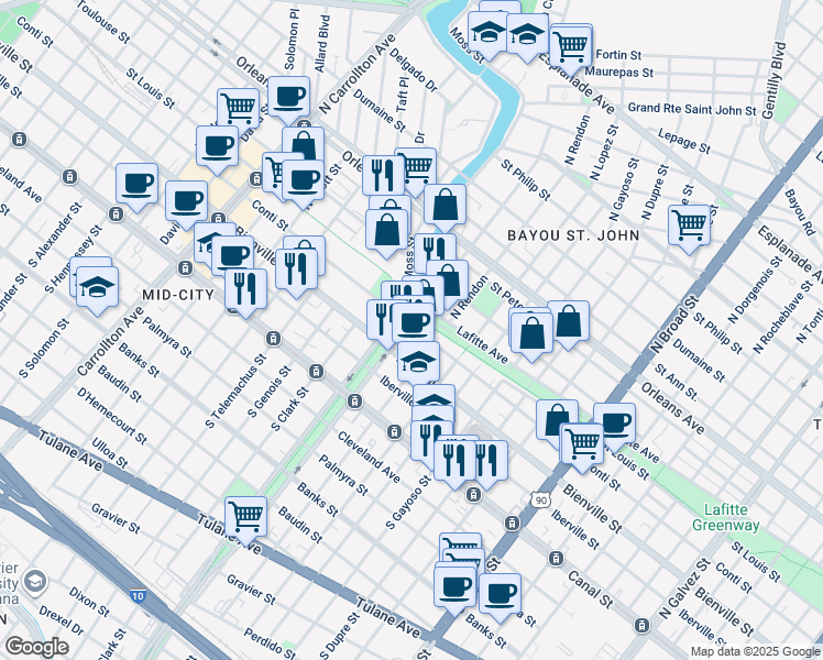 map of restaurants, bars, coffee shops, grocery stores, and more near in New Orleans