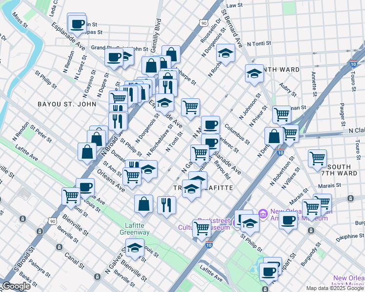 map of restaurants, bars, coffee shops, grocery stores, and more near 2232 Governor Nicholls Street in New Orleans