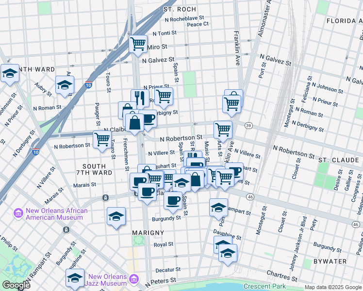 map of restaurants, bars, coffee shops, grocery stores, and more near 2329 North Robertson Street in New Orleans