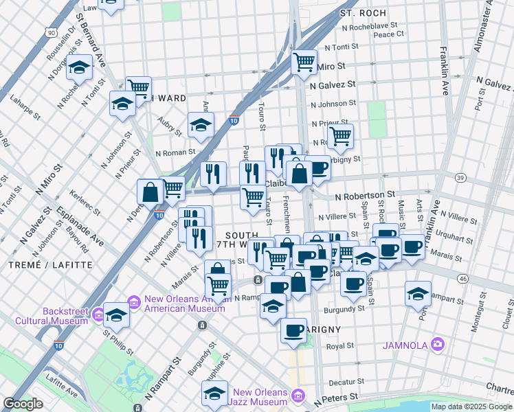 map of restaurants, bars, coffee shops, grocery stores, and more near 1916 North Robertson Street in New Orleans