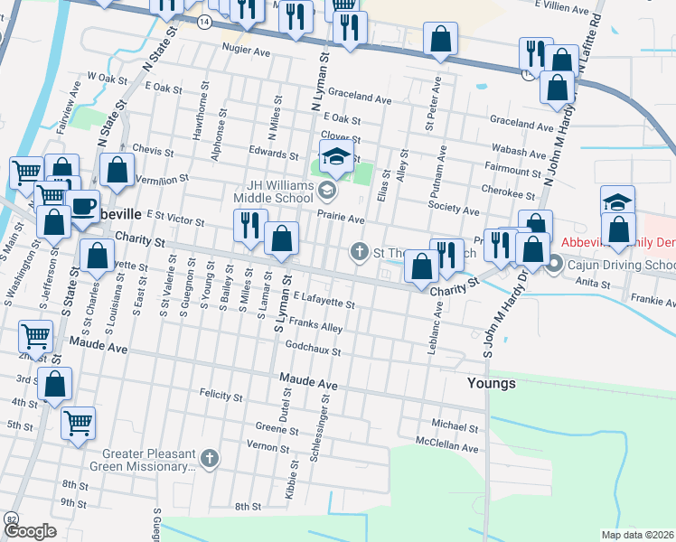 map of restaurants, bars, coffee shops, grocery stores, and more near 100 Donald Frederick Boulevard in Abbeville