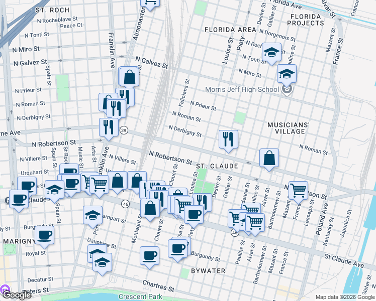 map of restaurants, bars, coffee shops, grocery stores, and more near 3121 North Claiborne Avenue in New Orleans