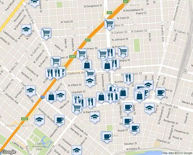 map of restaurants, bars, coffee shops, grocery stores, and more near 1928 North Claiborne Avenue in New Orleans