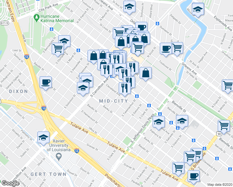 map of restaurants, bars, coffee shops, grocery stores, and more near 3900 Canal Street in New Orleans