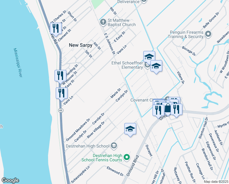 map of restaurants, bars, coffee shops, grocery stores, and more near 10 Maria Street in Destrehan