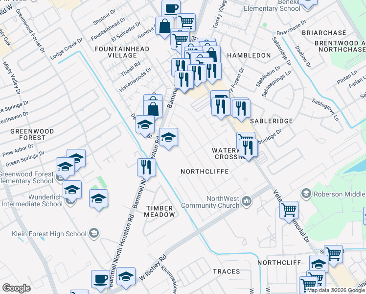 map of restaurants, bars, coffee shops, grocery stores, and more near 4322 Windrift Drive in Houston