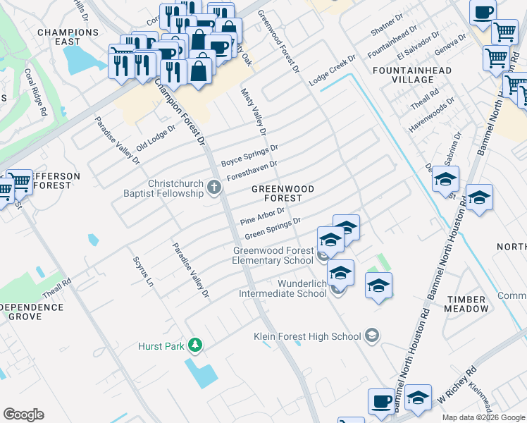 map of restaurants, bars, coffee shops, grocery stores, and more near 5521 Havenwoods Drive in Houston