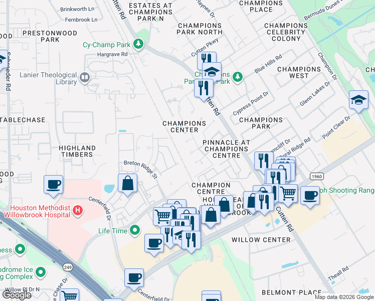 map of restaurants, bars, coffee shops, grocery stores, and more near 13611 Champions Centre Drive in Houston