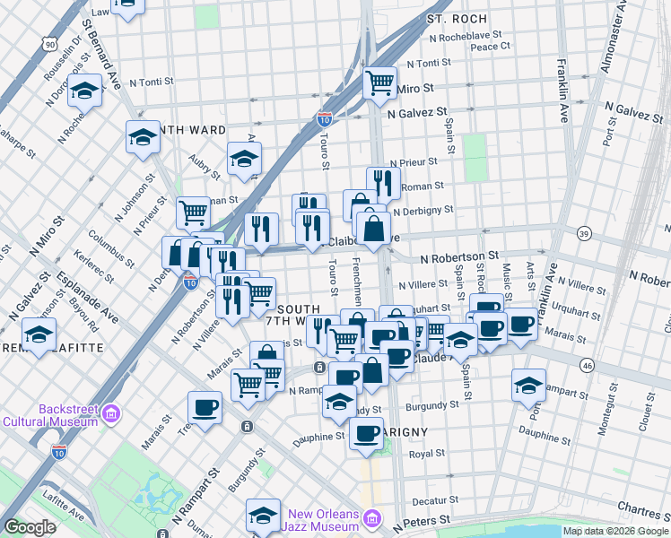 map of restaurants, bars, coffee shops, grocery stores, and more near 1928 North Claiborne Avenue in New Orleans