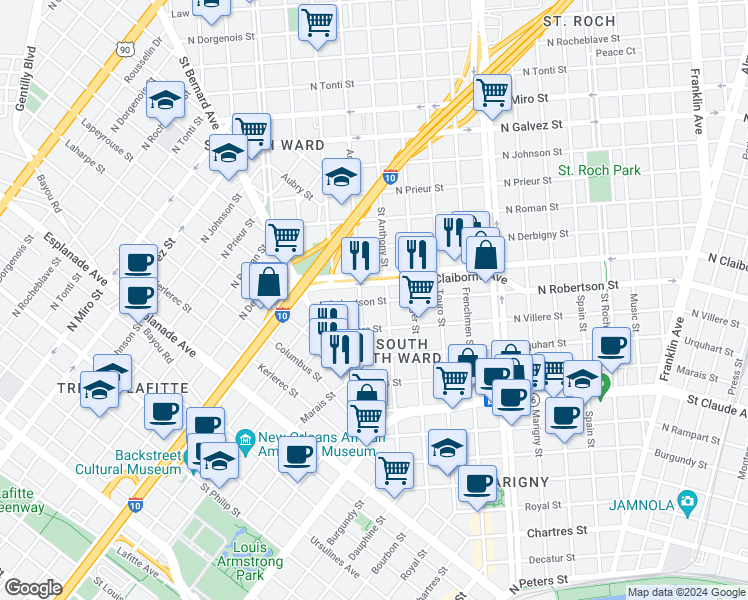 map of restaurants, bars, coffee shops, grocery stores, and more near 1723 North Robertson Street in New Orleans