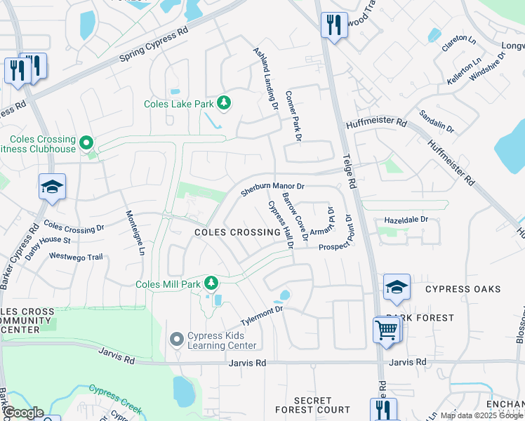 map of restaurants, bars, coffee shops, grocery stores, and more near 15926 Linwood Manor Court in Cypress