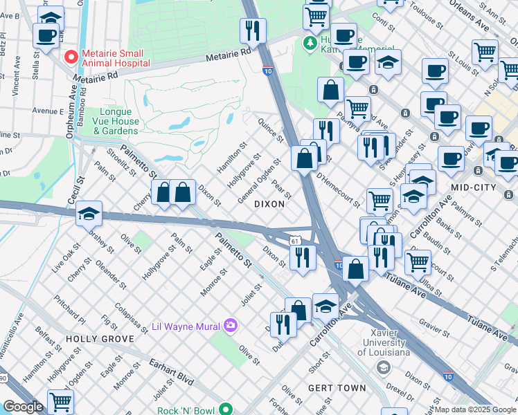 map of restaurants, bars, coffee shops, grocery stores, and more near 4040 Eagle Street in New Orleans