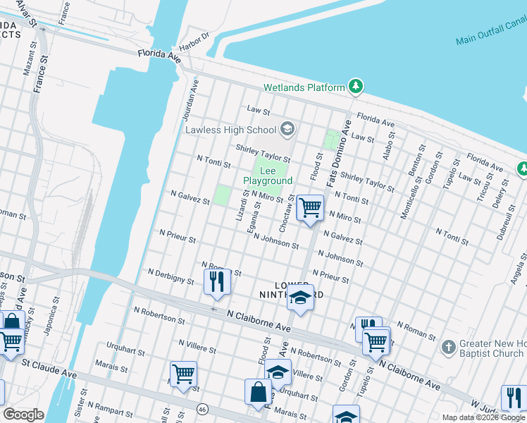 map of restaurants, bars, coffee shops, grocery stores, and more near 2140 Andry Street in New Orleans