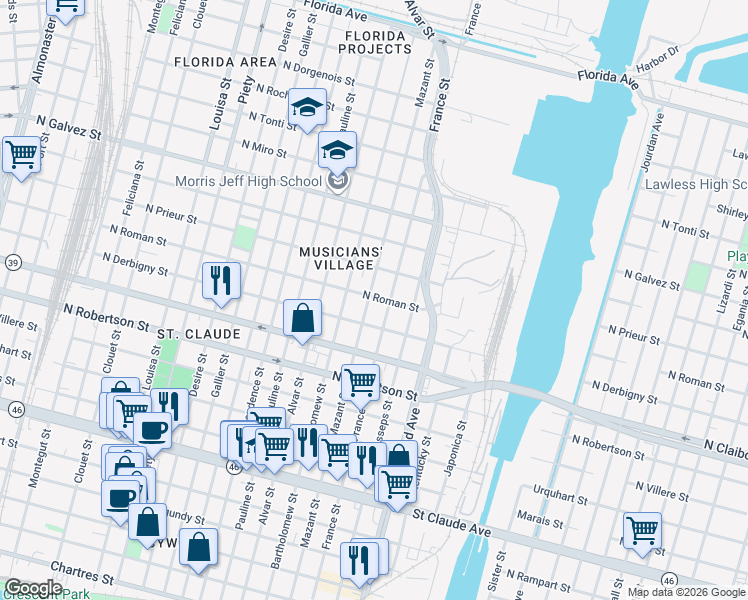 map of restaurants, bars, coffee shops, grocery stores, and more near 1832 France Street in New Orleans