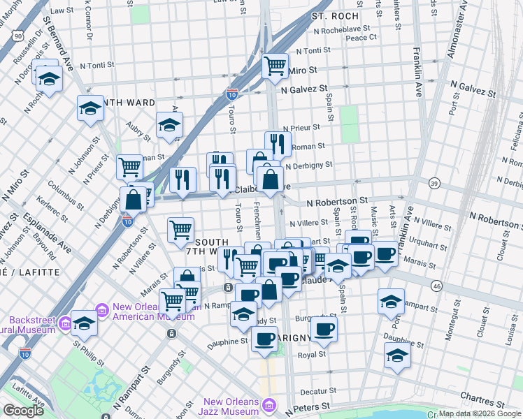 map of restaurants, bars, coffee shops, grocery stores, and more near 2102 North Claiborne Avenue in New Orleans