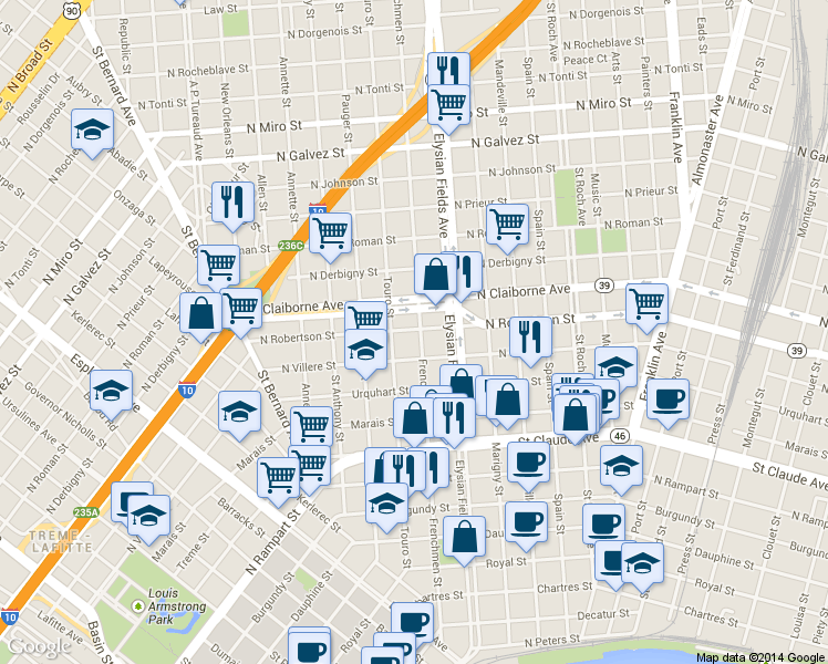 map of restaurants, bars, coffee shops, grocery stores, and more near 2102 North Claiborne Avenue in New Orleans