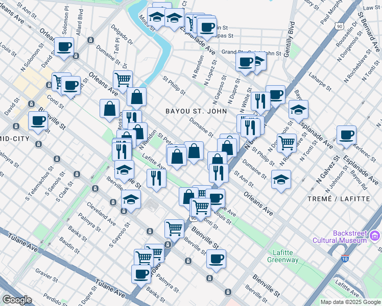 map of restaurants, bars, coffee shops, grocery stores, and more near 2939 Orleans Avenue in New Orleans