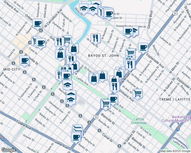 map of restaurants, bars, coffee shops, grocery stores, and more near 3035 Saint Peter Street in New Orleans