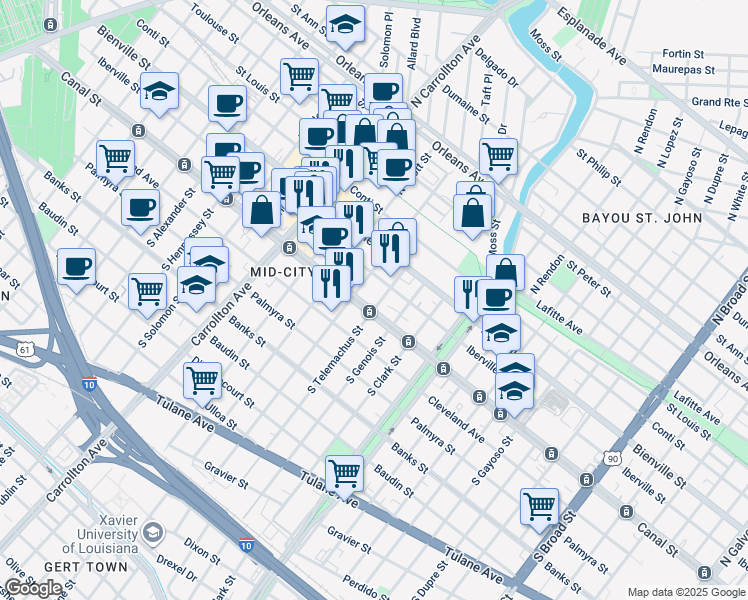 map of restaurants, bars, coffee shops, grocery stores, and more near 3701 Iberville Street in New Orleans