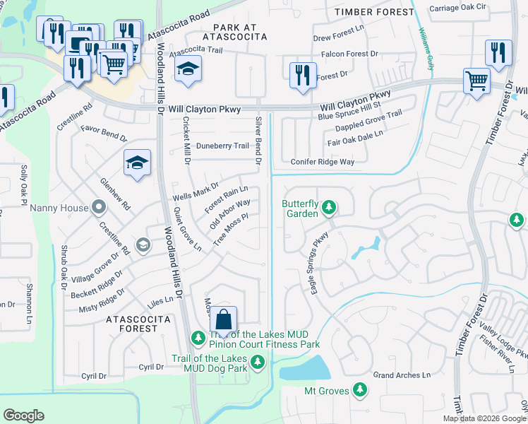 map of restaurants, bars, coffee shops, grocery stores, and more near 4247 Old Arbor Way in Humble