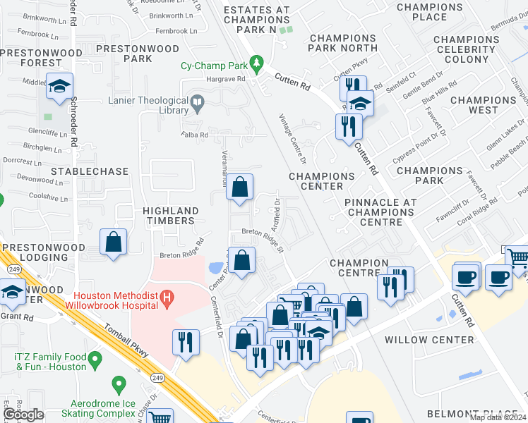 map of restaurants, bars, coffee shops, grocery stores, and more near 13631 Ardfield Drive in Houston