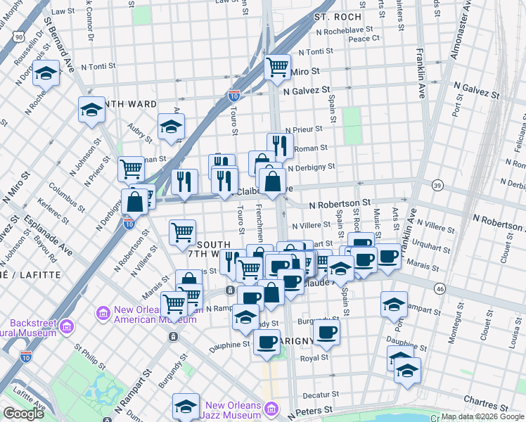 map of restaurants, bars, coffee shops, grocery stores, and more near 2102 North Claiborne Avenue in New Orleans