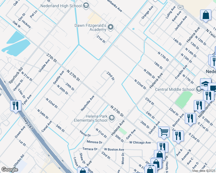 map of restaurants, bars, coffee shops, grocery stores, and more near 2308 Memphis Avenue in Nederland
