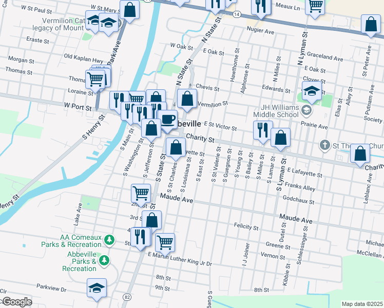 map of restaurants, bars, coffee shops, grocery stores, and more near 213 South Louisiana Street in Abbeville
