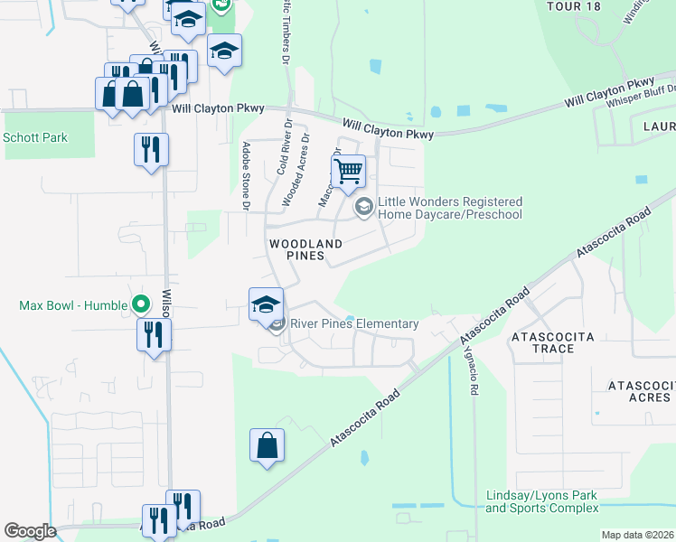 map of restaurants, bars, coffee shops, grocery stores, and more near 9535 Barr Spring Drive in Humble