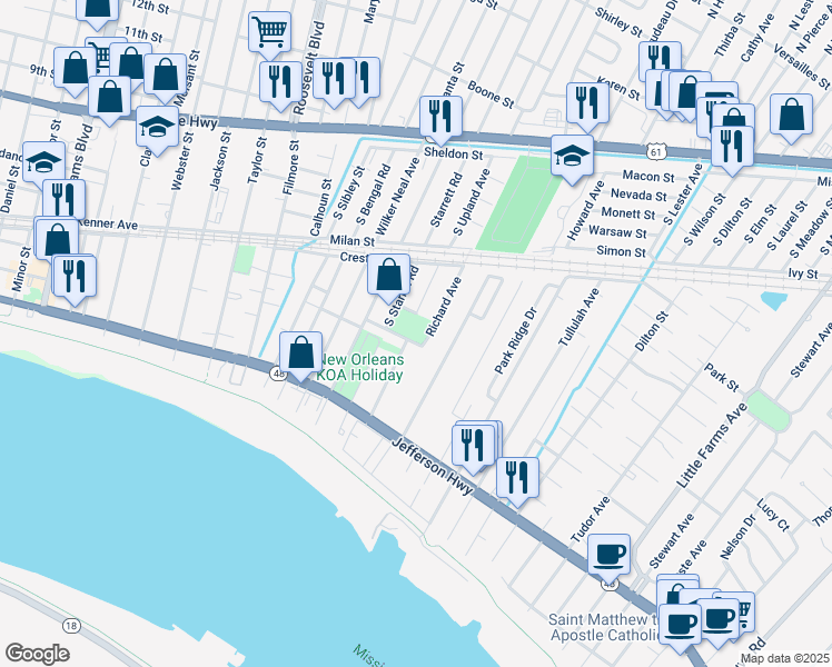 map of restaurants, bars, coffee shops, grocery stores, and more near 11101 Newton Street in River Ridge