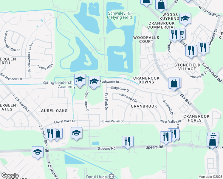 map of restaurants, bars, coffee shops, grocery stores, and more near 1742 Ridgebriar Drive in Houston
