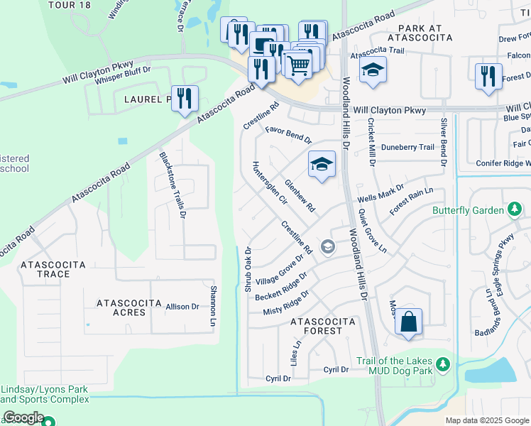 map of restaurants, bars, coffee shops, grocery stores, and more near 3622 Black Crickett Court in Humble