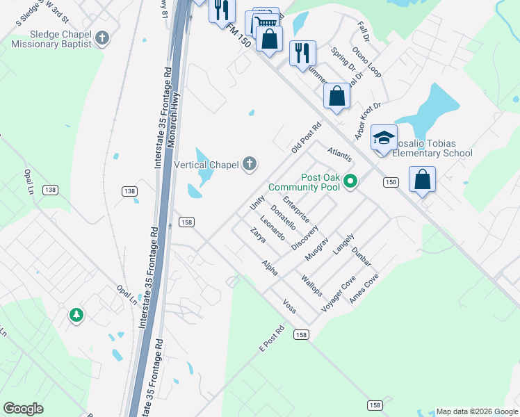 map of restaurants, bars, coffee shops, grocery stores, and more near 184 Unity in Kyle