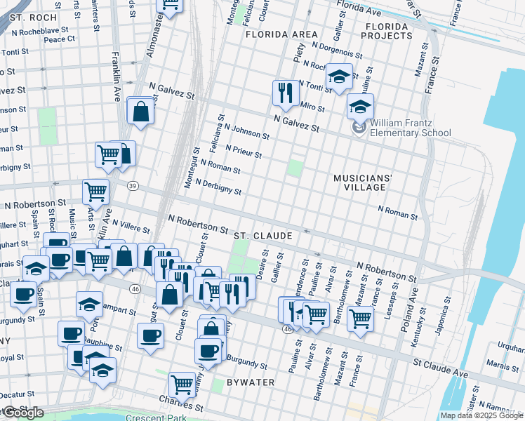 map of restaurants, bars, coffee shops, grocery stores, and more near 1613 Piety Street in New Orleans