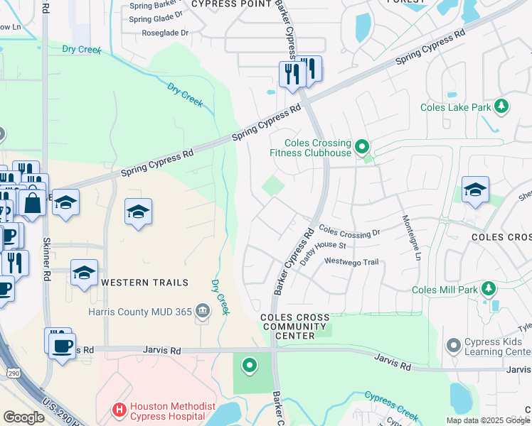 map of restaurants, bars, coffee shops, grocery stores, and more near 13507 Bedford Chase in Cypress