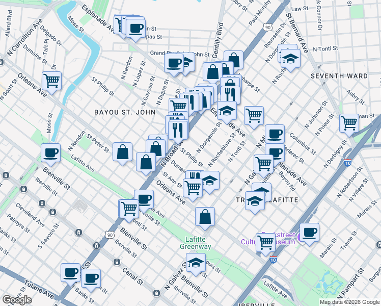 map of restaurants, bars, coffee shops, grocery stores, and more near 2628 Ursulines Avenue in New Orleans