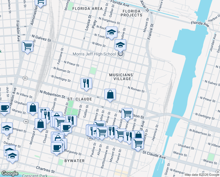 map of restaurants, bars, coffee shops, grocery stores, and more near 1740 Alvar Street in New Orleans