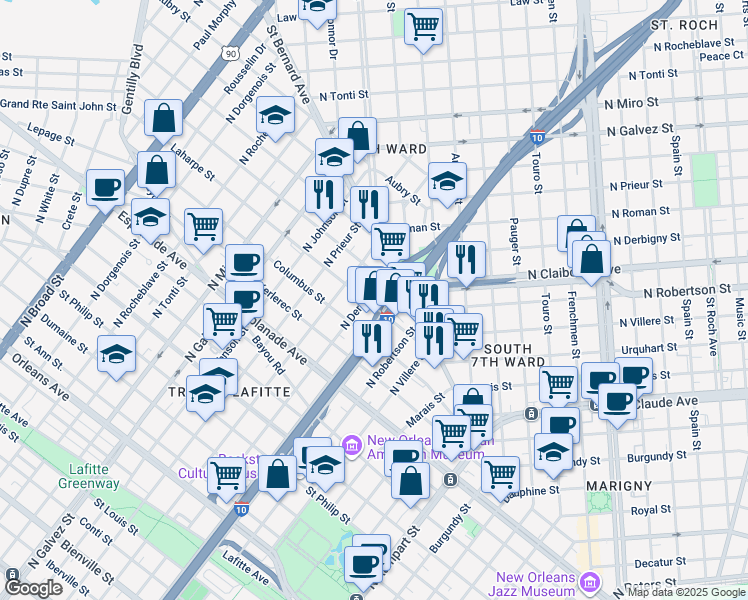 map of restaurants, bars, coffee shops, grocery stores, and more near 1715 Laharpe Street in New Orleans
