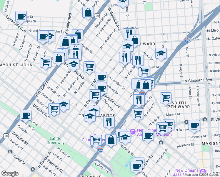 map of restaurants, bars, coffee shops, grocery stores, and more near 2022 Kerlerec Street in New Orleans