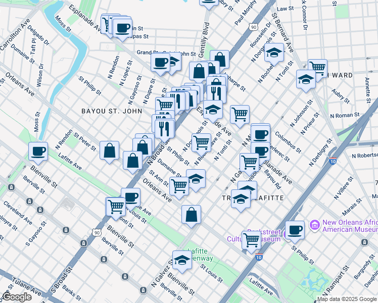 map of restaurants, bars, coffee shops, grocery stores, and more near 1114 North Dorgenois Street in New Orleans