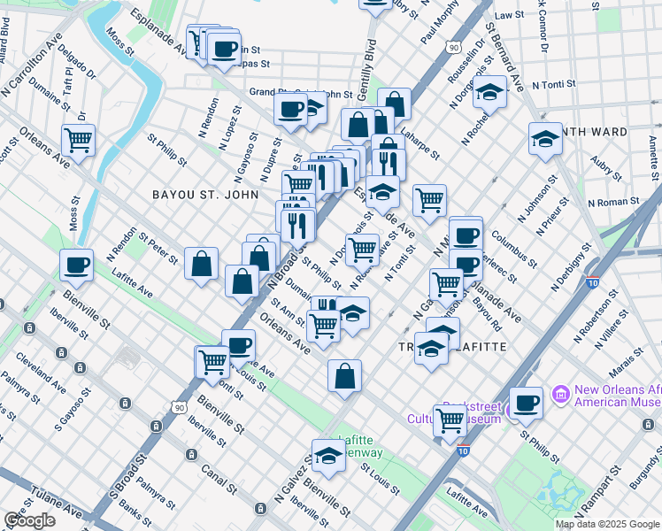 map of restaurants, bars, coffee shops, grocery stores, and more near 2628 Ursulines Avenue in New Orleans