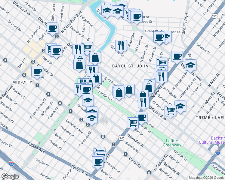 map of restaurants, bars, coffee shops, grocery stores, and more near 3035 Saint Peter Street in New Orleans