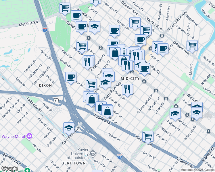 map of restaurants, bars, coffee shops, grocery stores, and more near 4135 Banks Street in New Orleans