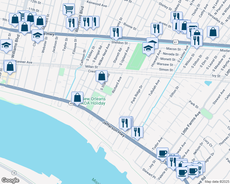 map of restaurants, bars, coffee shops, grocery stores, and more near 623 Richard Avenue in River Ridge