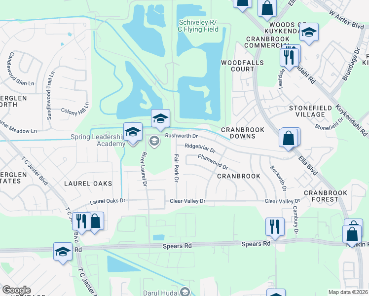 map of restaurants, bars, coffee shops, grocery stores, and more near 1742 Ridgebriar Drive in Houston