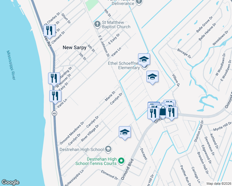 map of restaurants, bars, coffee shops, grocery stores, and more near 10 Maria Street in Destrehan