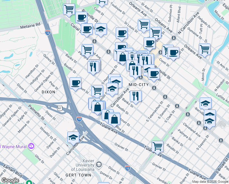 map of restaurants, bars, coffee shops, grocery stores, and more near 4135 Banks Street in New Orleans