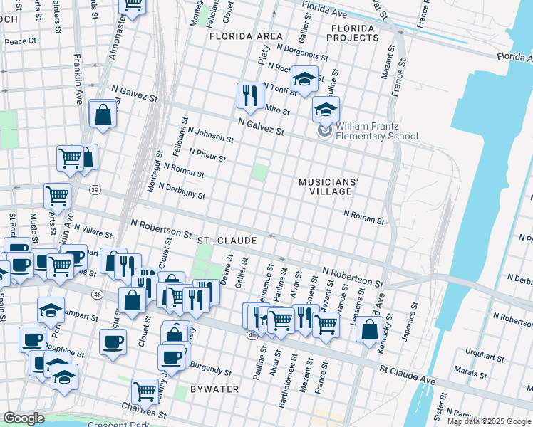 map of restaurants, bars, coffee shops, grocery stores, and more near 3524 North Derbigny Street in New Orleans
