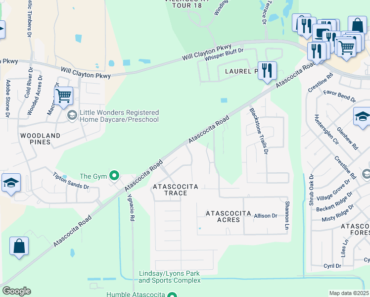 map of restaurants, bars, coffee shops, grocery stores, and more near 17455 Wigeon Way Drive in Humble