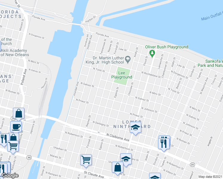 map of restaurants, bars, coffee shops, grocery stores, and more near 2129 Lizardi Street in New Orleans